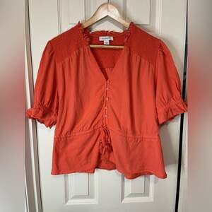 Calligraphie Orange V-Neck Puff Sleeve Ruffle Drawstring  Linen Blend Blouse L